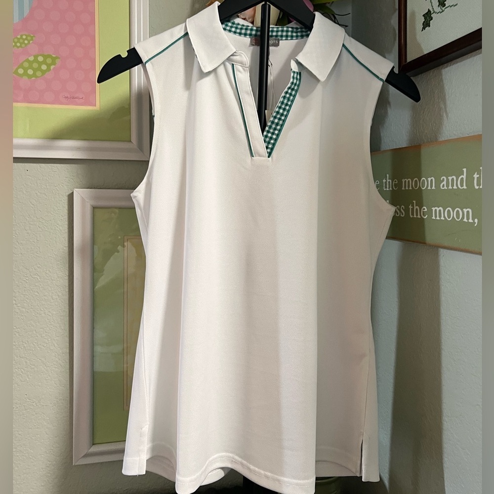 NWT Talbots White Sleeveless Polo Tank with Green Gingham Trim #212